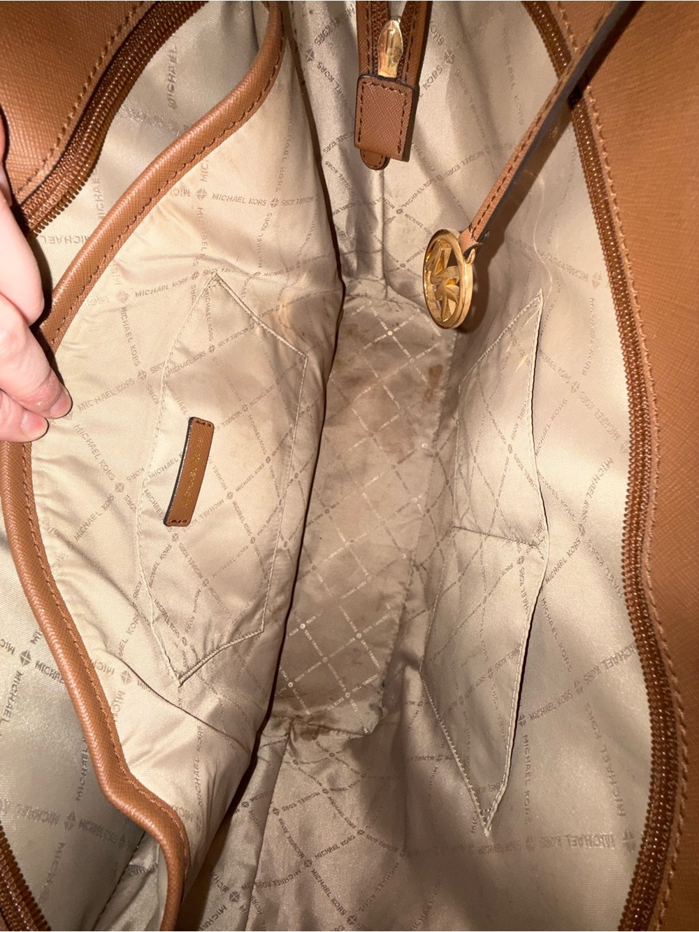 Michael Kors Beige Logo Canvas Tote with Brown Trim - Picture 4 of 6
